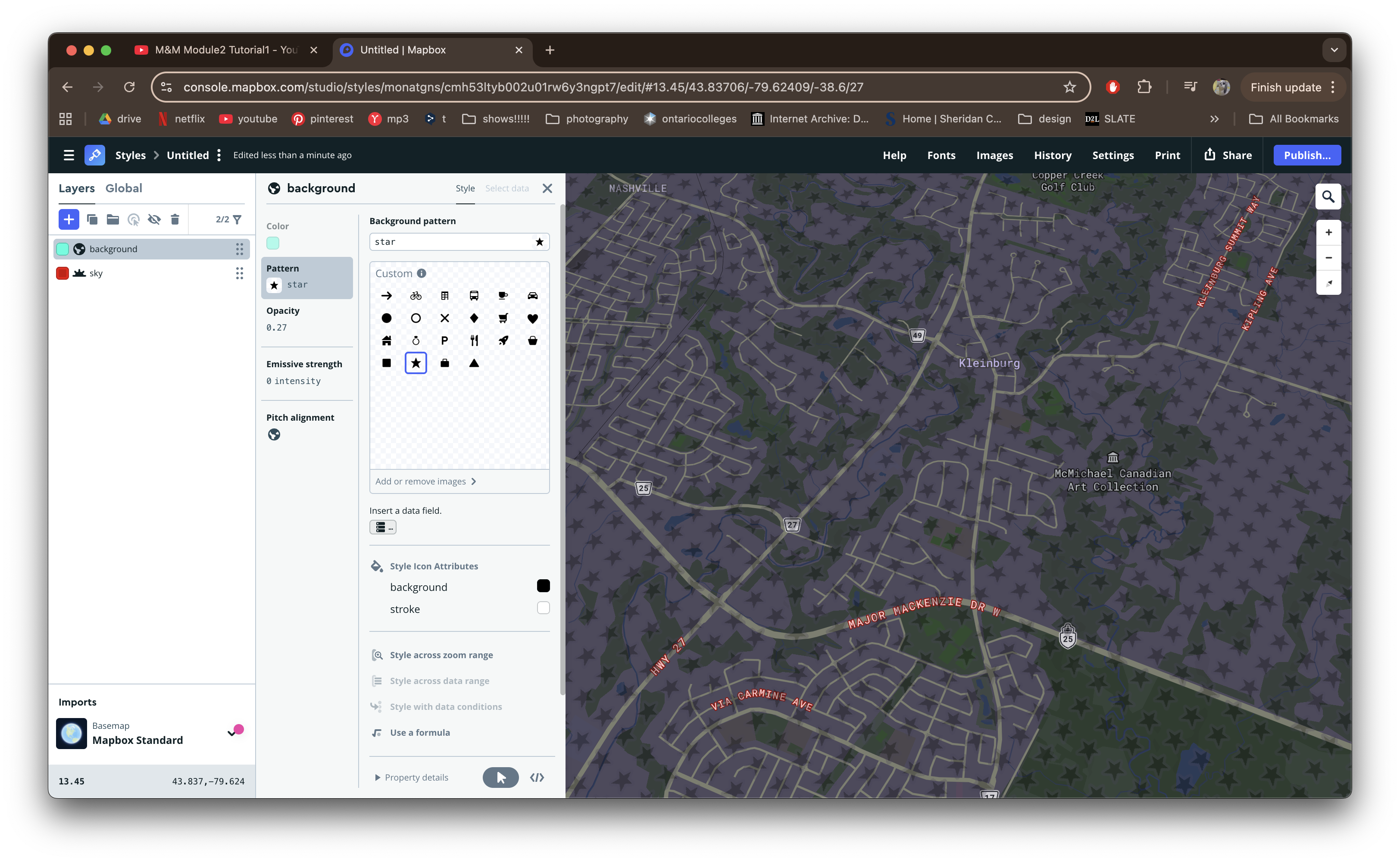 Added a background layer, changing the colour and texture to have a star pattern.