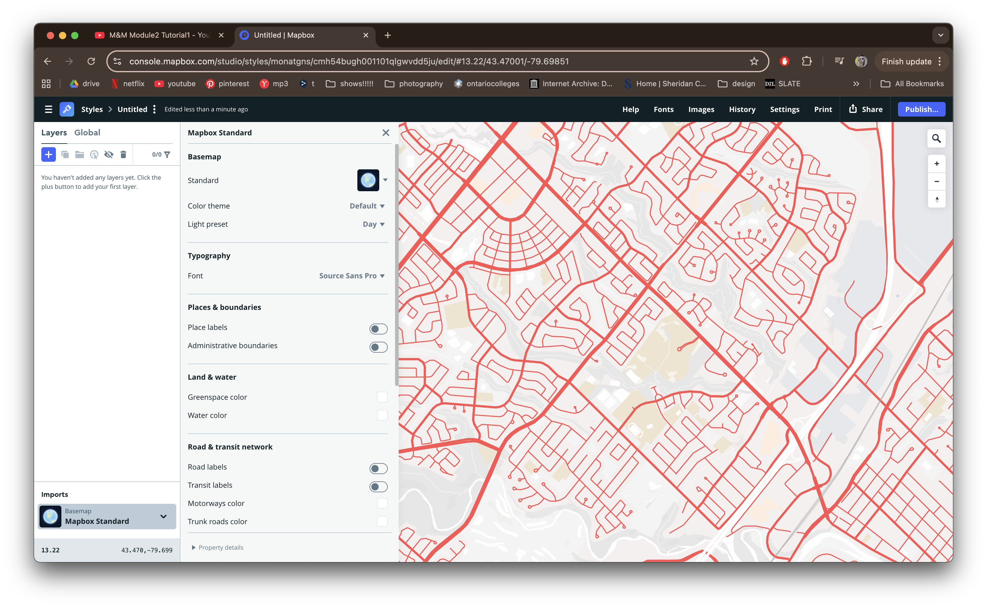 Making everything monochrome except for the roads, to make them stand out more and be the focus of this map.