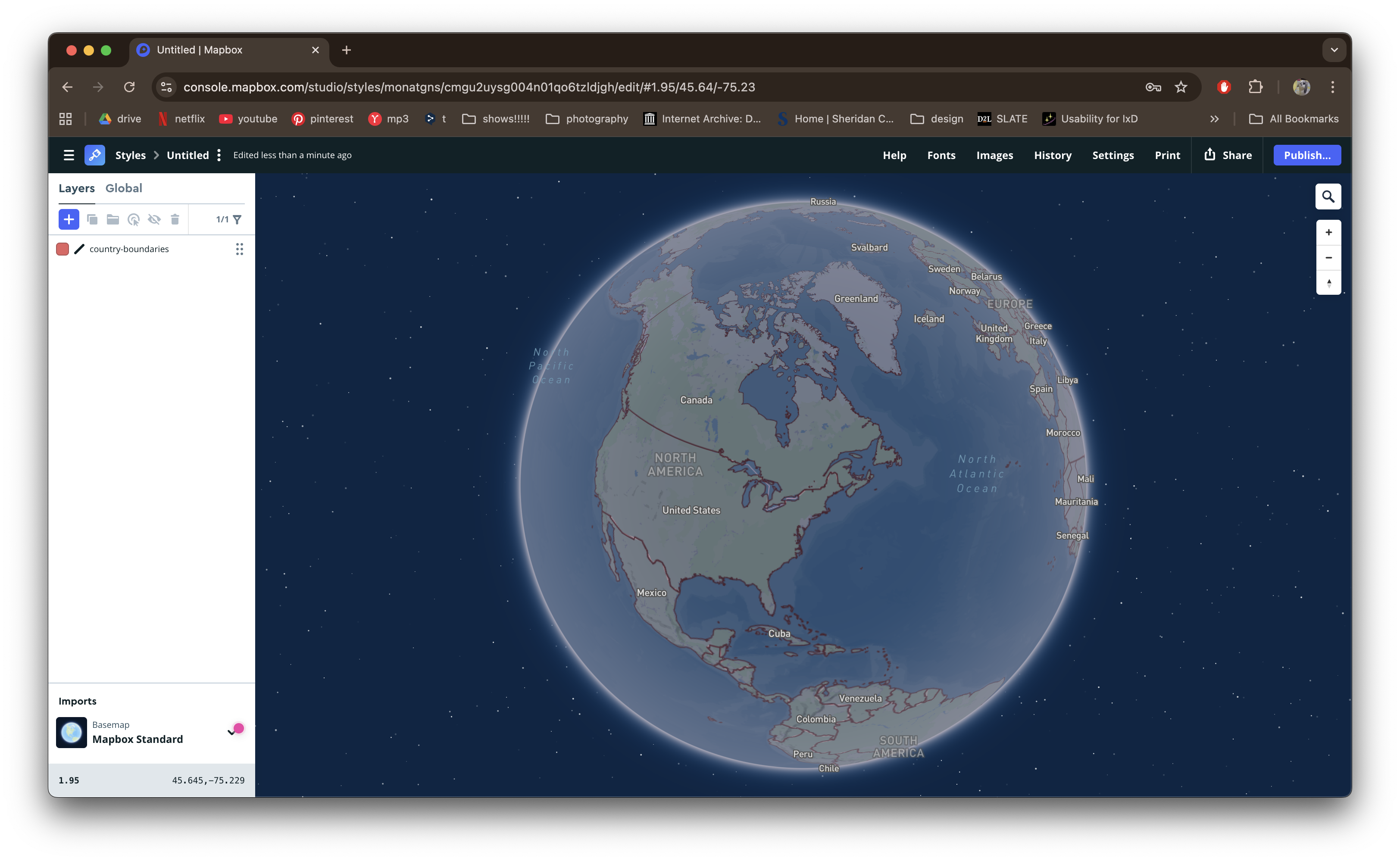 Adding different layers with Mapbox's default data set, showing the country boundaries.
