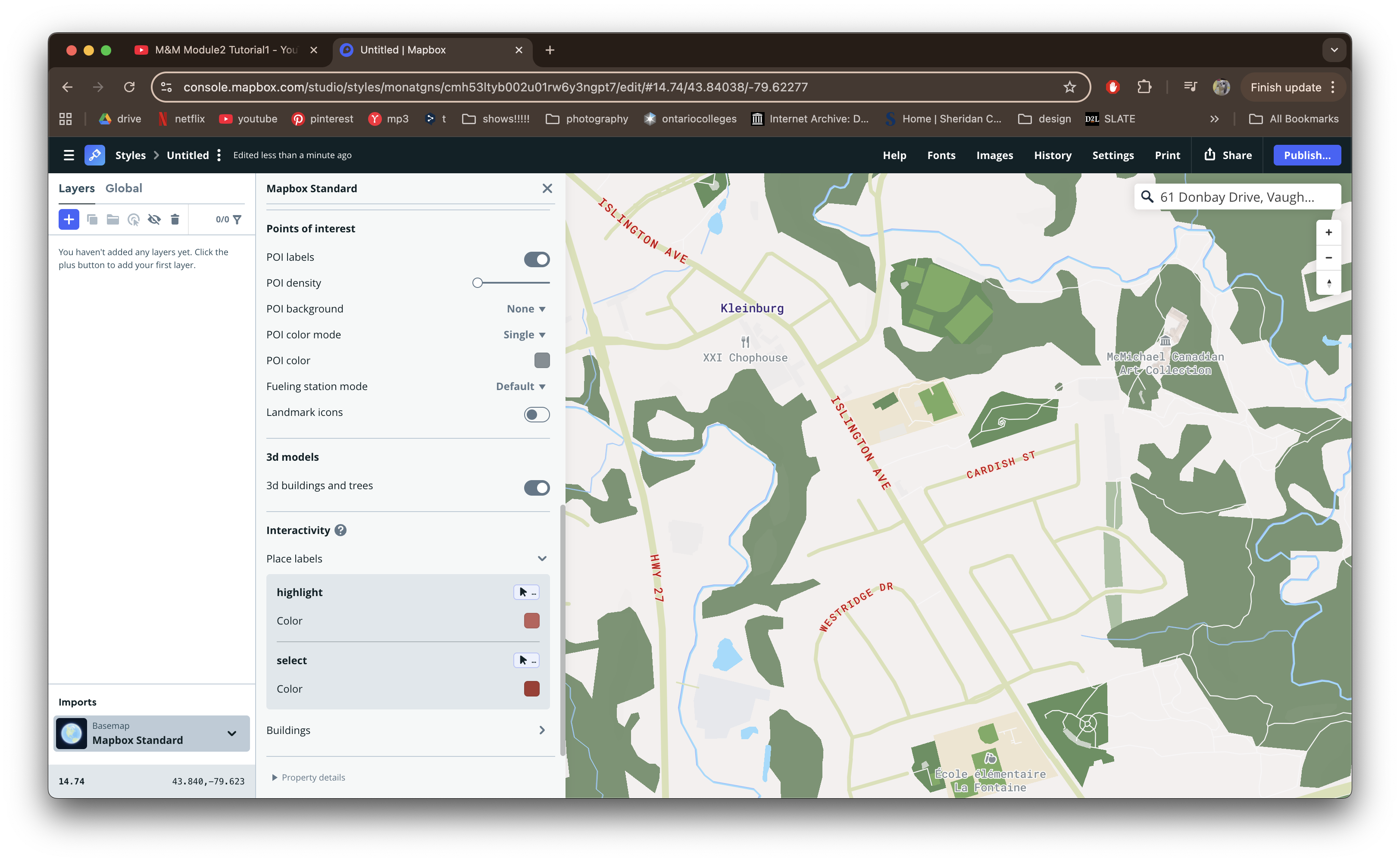 Using the search bar to find specific locations on the map, as well as additional experimentation with colour schemes and label fonts.