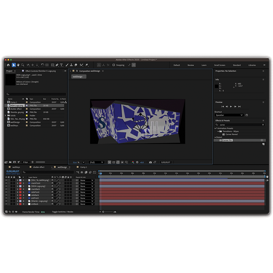 Placed both the Sheridan logo and the IXD logo onto the walls, in between the shattering layer and white square layer to make it appear as the animation goes off.