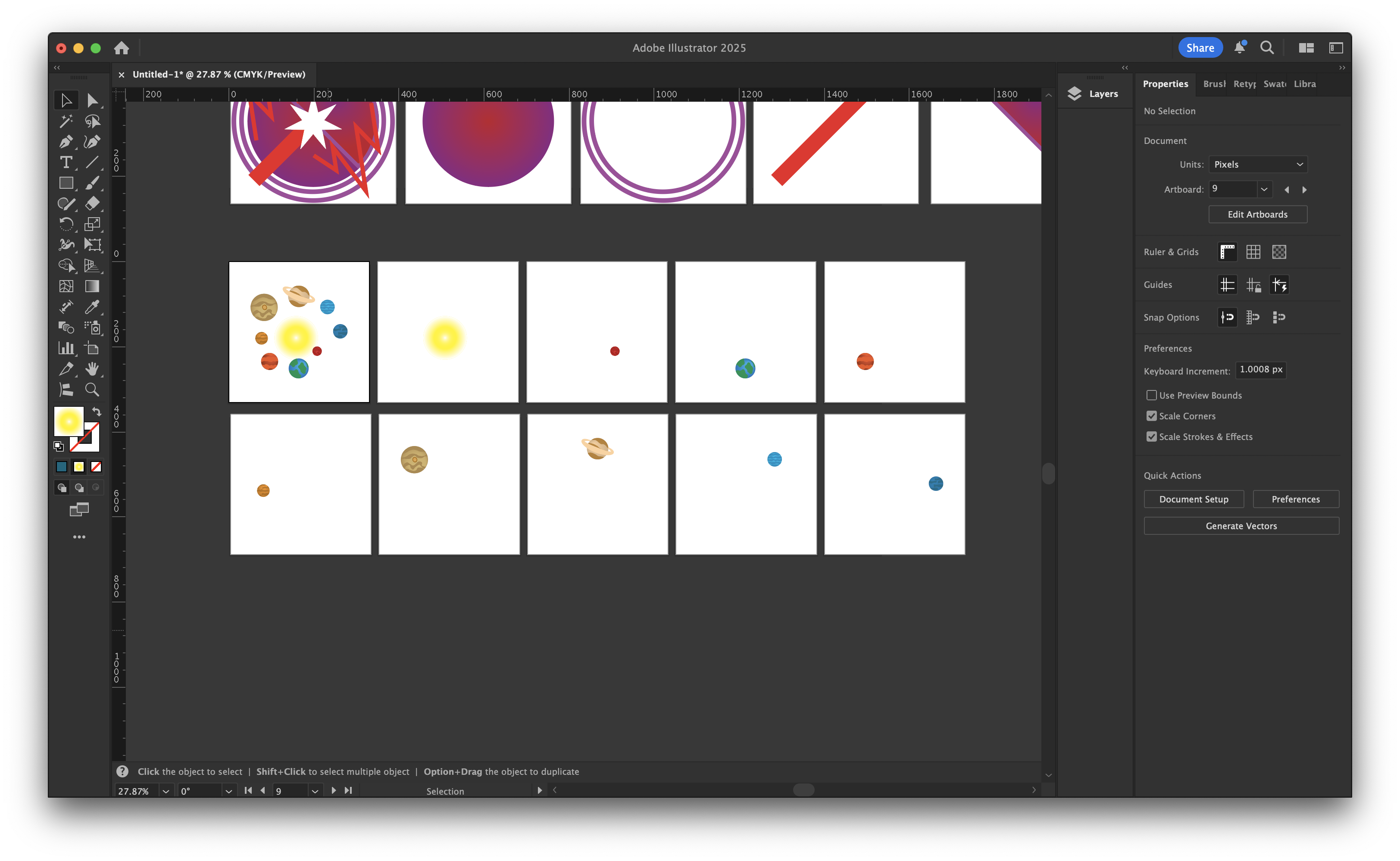 Each individual artboard created in Adobe Illustrator for the solar system composition.