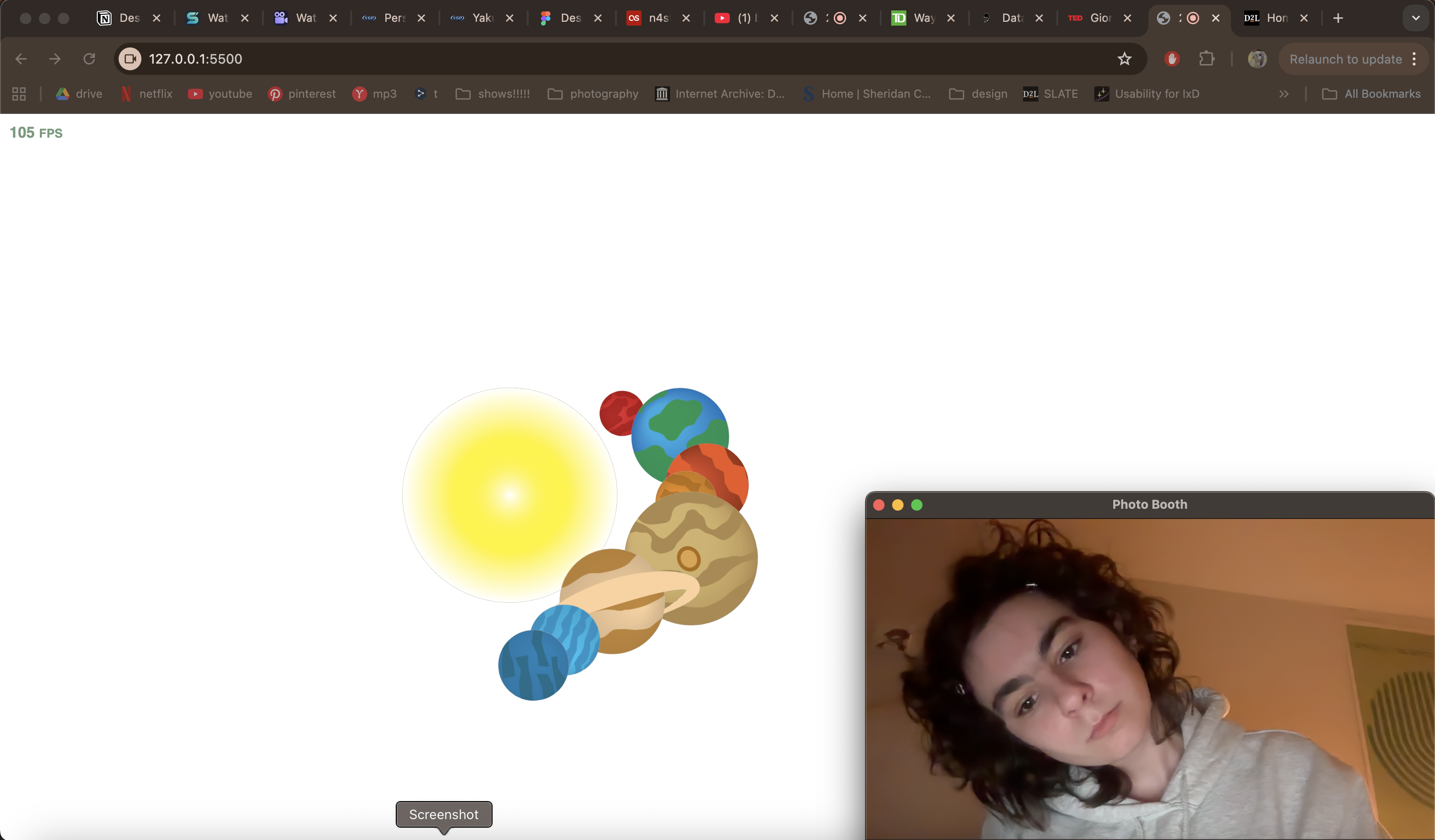 Experimentation with different angles and distances from the screen to see how the planets would react to my movements.