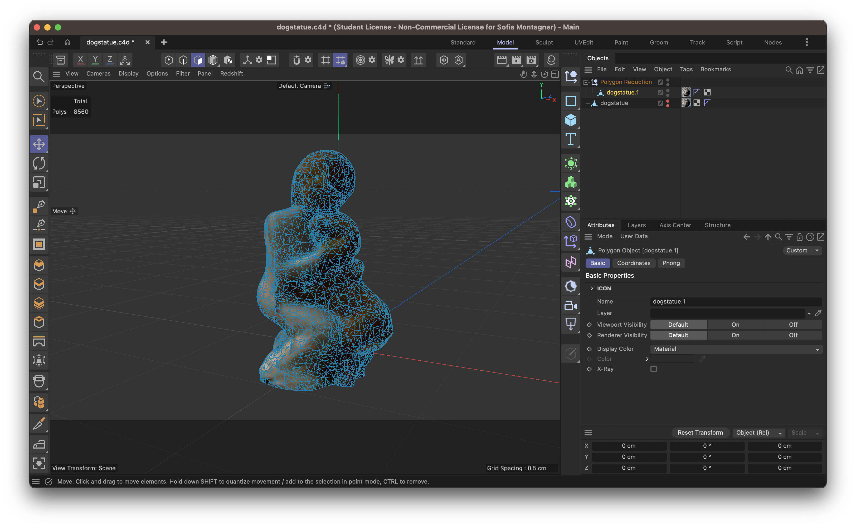 This screenshot shows the polygon count after applying the polygon reduction tool in Cinema 4D.