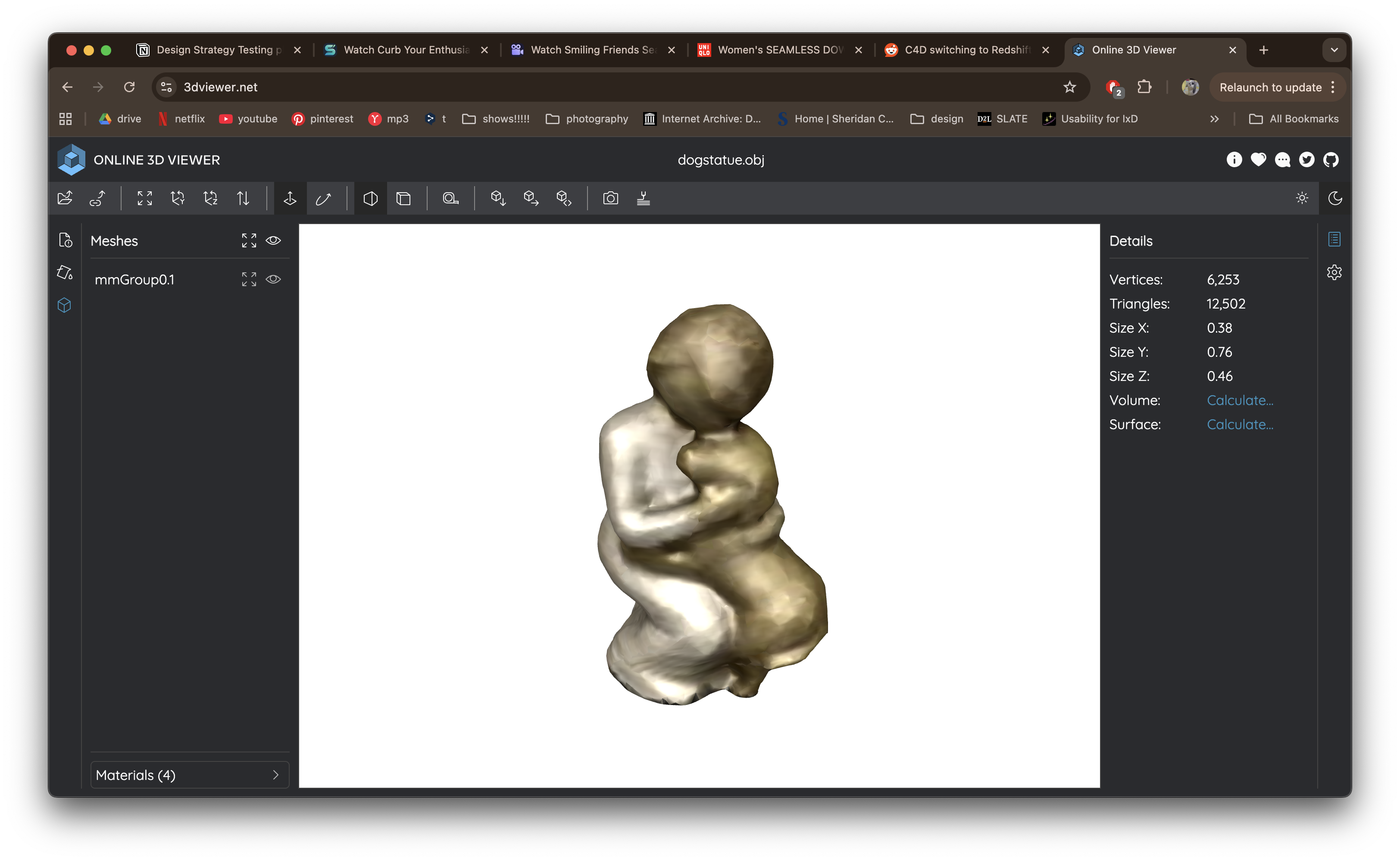 The final version of my 3D model in 3D model viewer, with the correct baked texture showing properly after maing changing to the Cinema 4D default material settings.