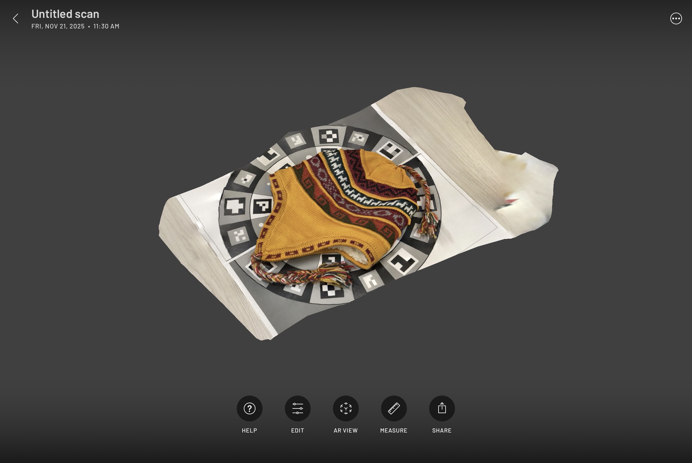 Attempt at scanning a hat. The scan turned out well for what we were able to capture, though it would have been much more efficient to hang it while scanning to ensure the whole hat being captured.